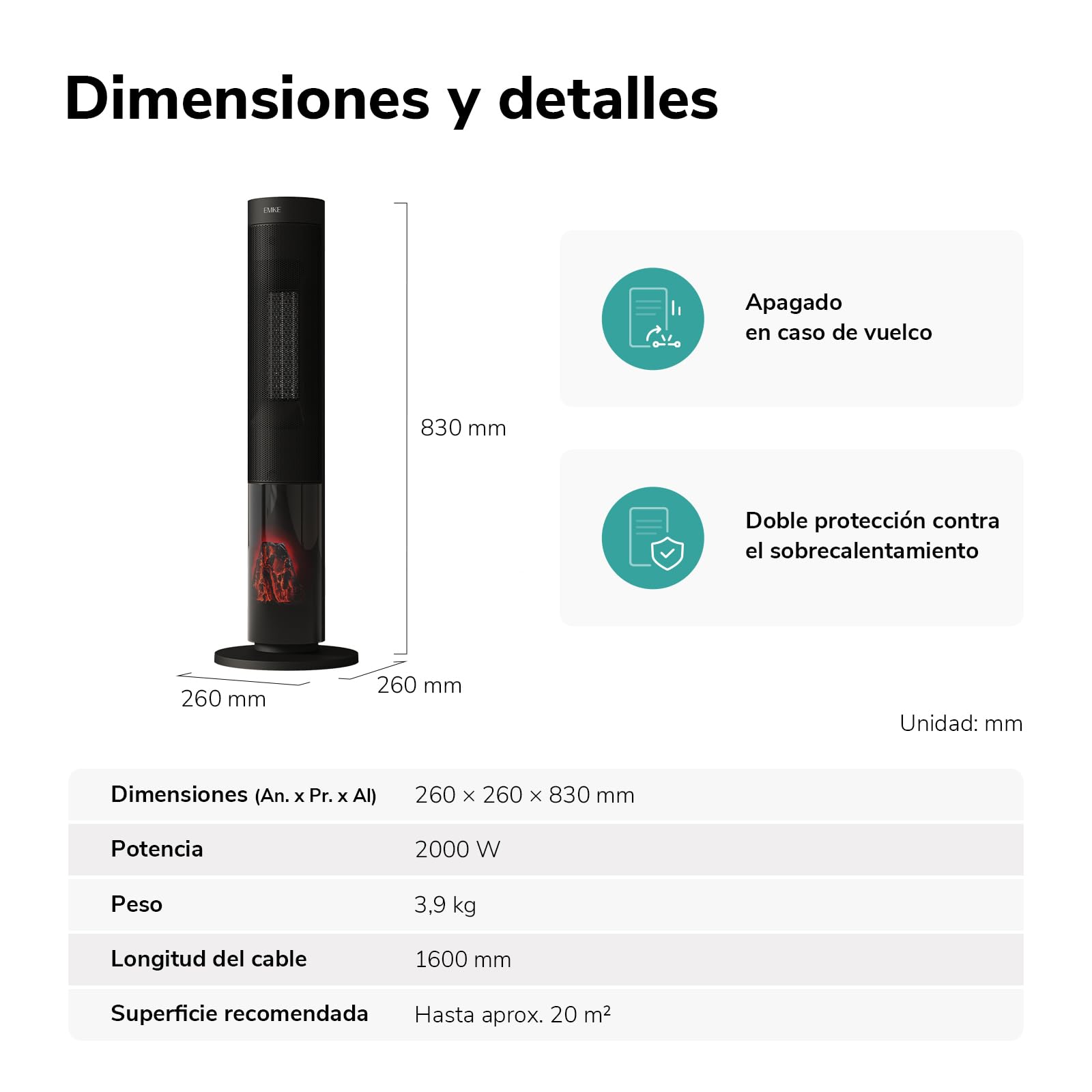 EMKE Estufa de Torre PTC 2000 W con Efecto Llama, 20 m², 83 cm, Negro