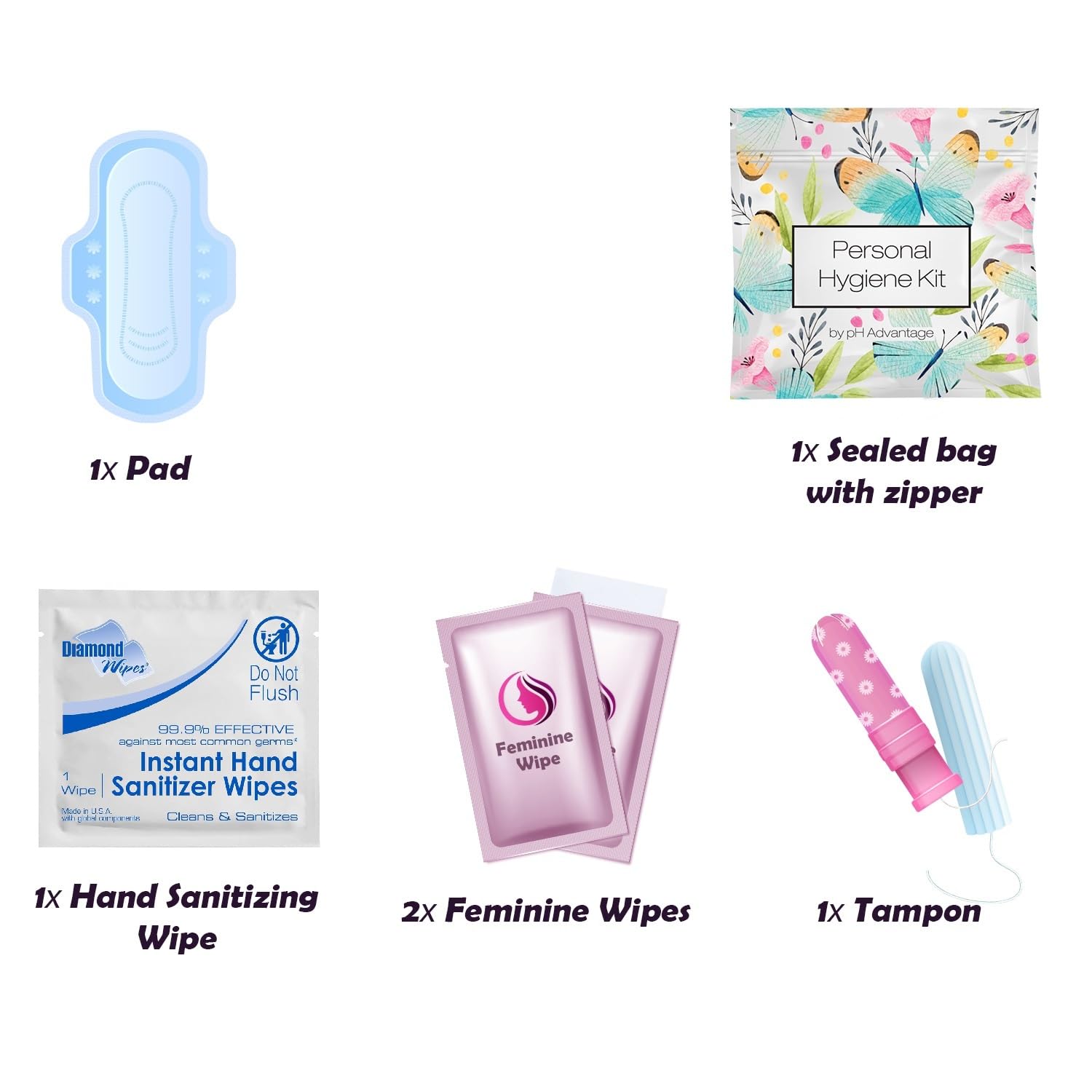 Menstrual Kit All-in-One | Convenience on The Go | Single Period Kit Pack for Travelling, Tweens & Teenagers | Individually Wrapped Feminine Hygiene Products (Butterflies) (10 Pack)