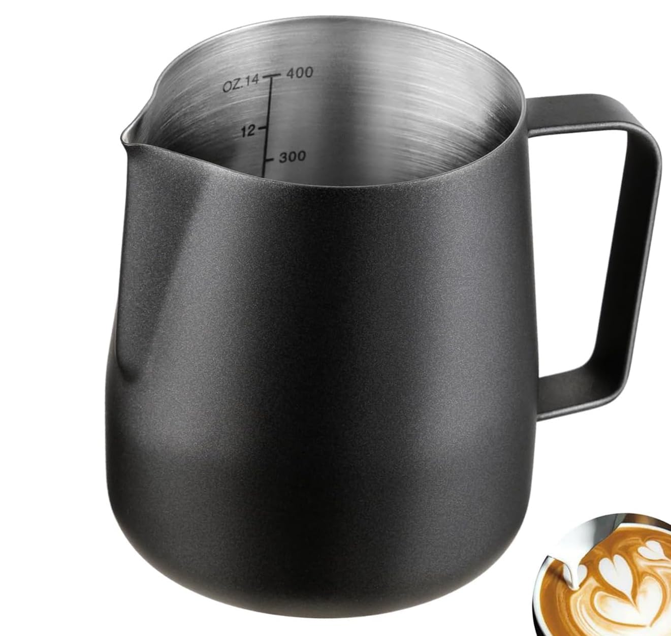 Milchkännchen Edelstahl 400ml, Milk Pitcher 400ml 12 Fl.oz. Milchkanne Aus Edelstahl, Milch Aufschäumen Für Cappuccino Und Latté, Embossed Scale, Schwarz