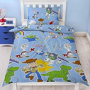 Disney Official Toy Story 4 Single Roar Design | Blauw Omkeerbaar 2-zijdig beddengoed dekbedovertrek met Woody & Buzz…