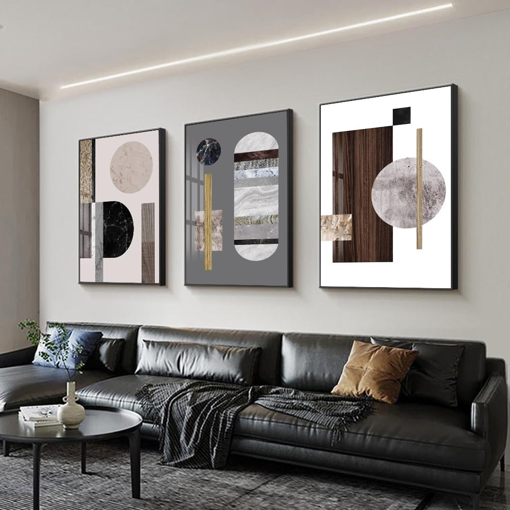 QKF Bright Extra Large Framed Canvas Wall Art For Living Room Wall Decor Home Modern Abstract Prints Large wall pictures geometric round square Wood Grain Brown（24X32X3 pieces）