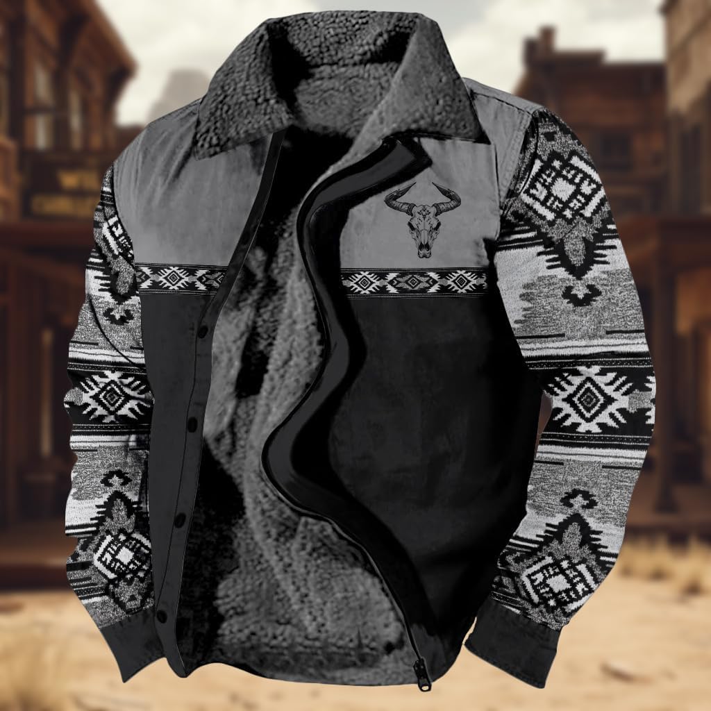 DMOYALA Western Aztec Jackets for Men Fleece Cowboy Shirt Jackets Cow Skull Graphic Coats Long Sleeve Jackets with Pocket