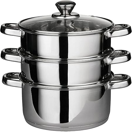 22 cm Deluxe Steamer Cookware Set with Glass Lid & Handles Stainless Steel Pan 3 Tier Pot CAPSULATED Bottom Prima Kitchen Home Cook Chef Healthy Veg Cooking Housewarming Gifts UK Free P&P