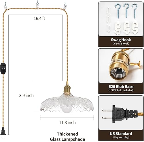 Miniatura 4 de Lámpara colgante enchufable, iluminación colgante de vidrio transparente vintage, luz colgante con cable de enchufe de 16.4 pies para cocina,
