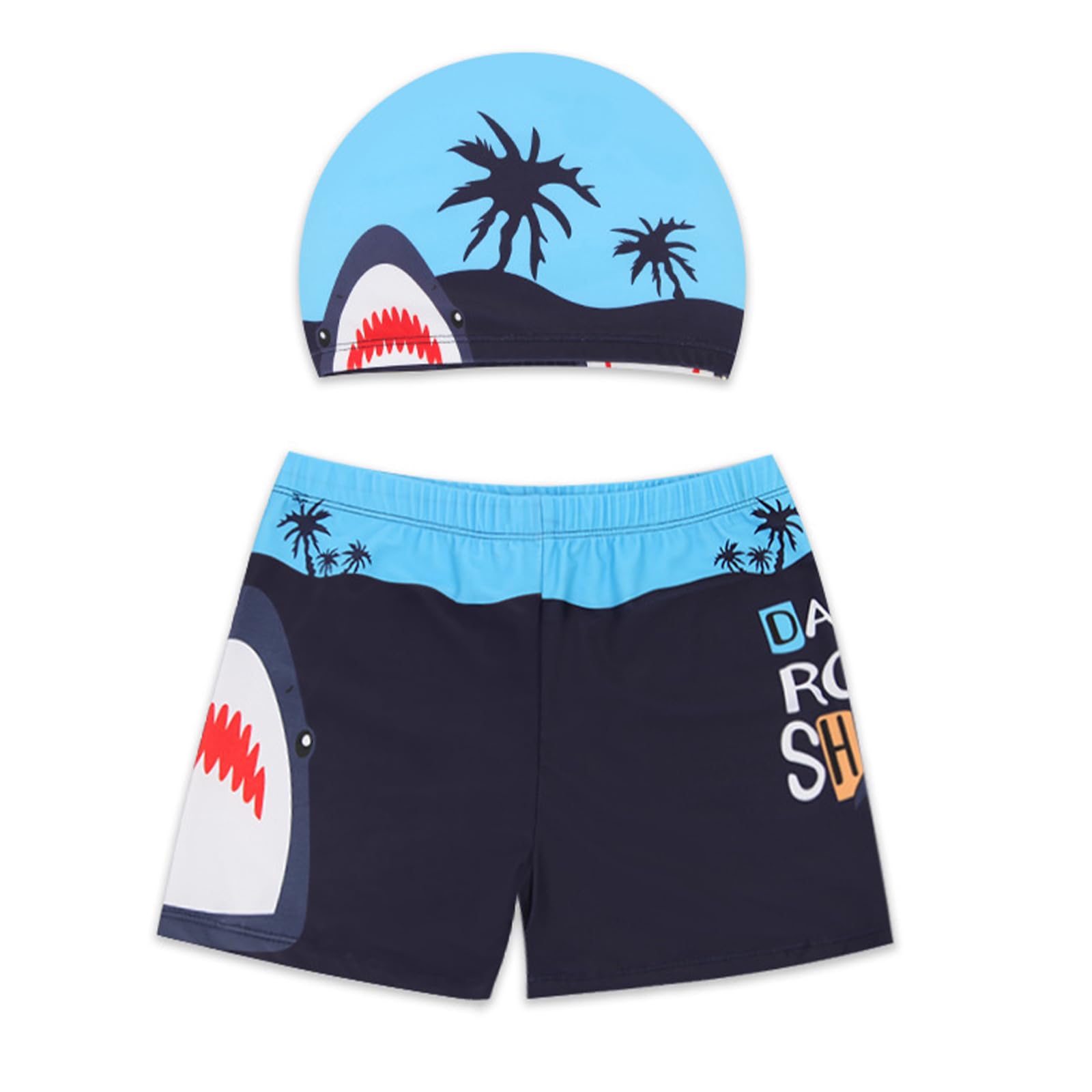Set de Bañador Niño con Gorro Piscina Diseño Tiburón, Talla XL 5-6 Años 100-120cm, Tejido Elástico Secado Rápido Cintura Alta, Bañador Natación Niño para Piscina y Aguas Termales