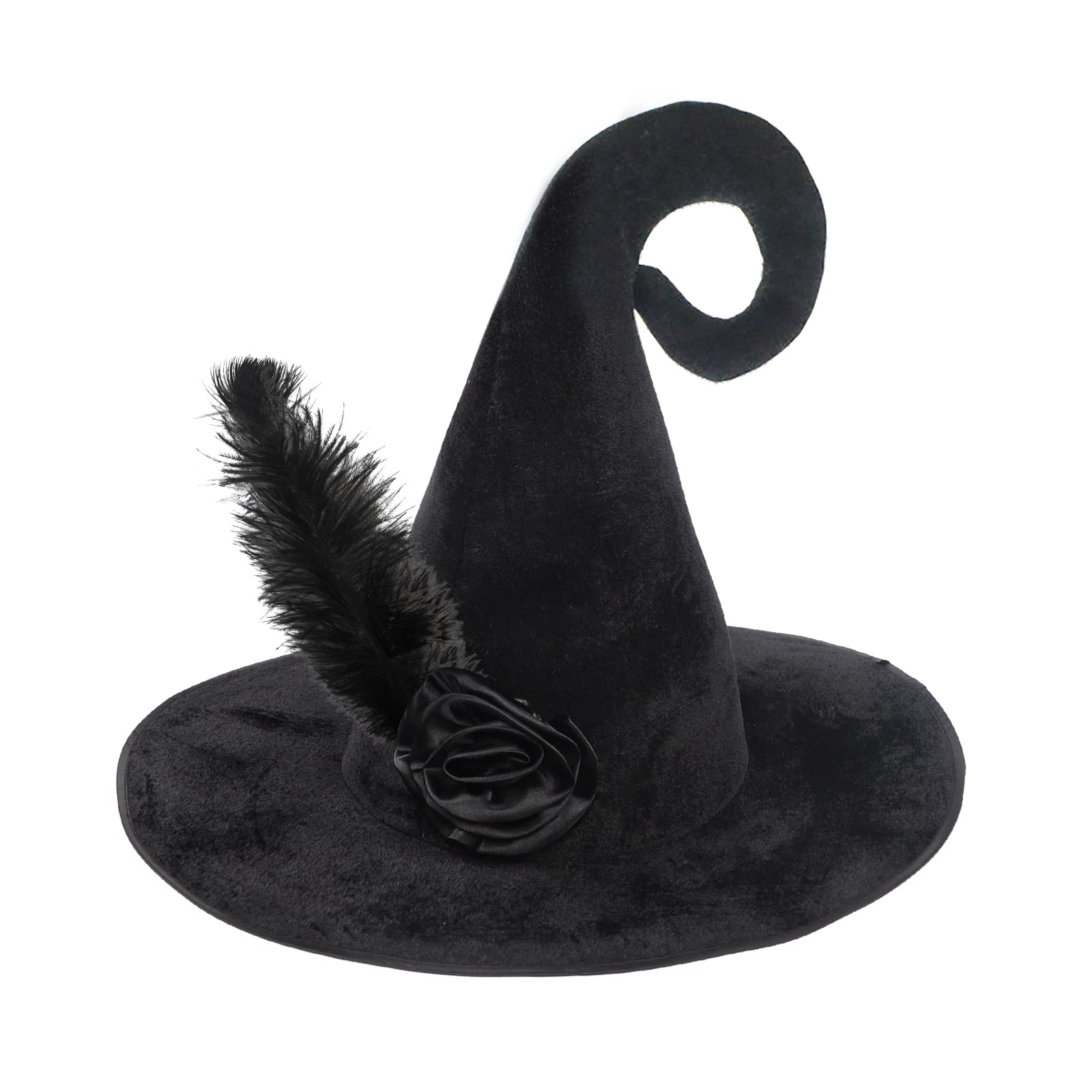 JIAHGHalloween Black Velvet Witch Hat With Feather Rose - Gothic Cosplay Pointed Wide Brim Magic Hat for Women Girls - Fancy Dress Party Costume Accessory