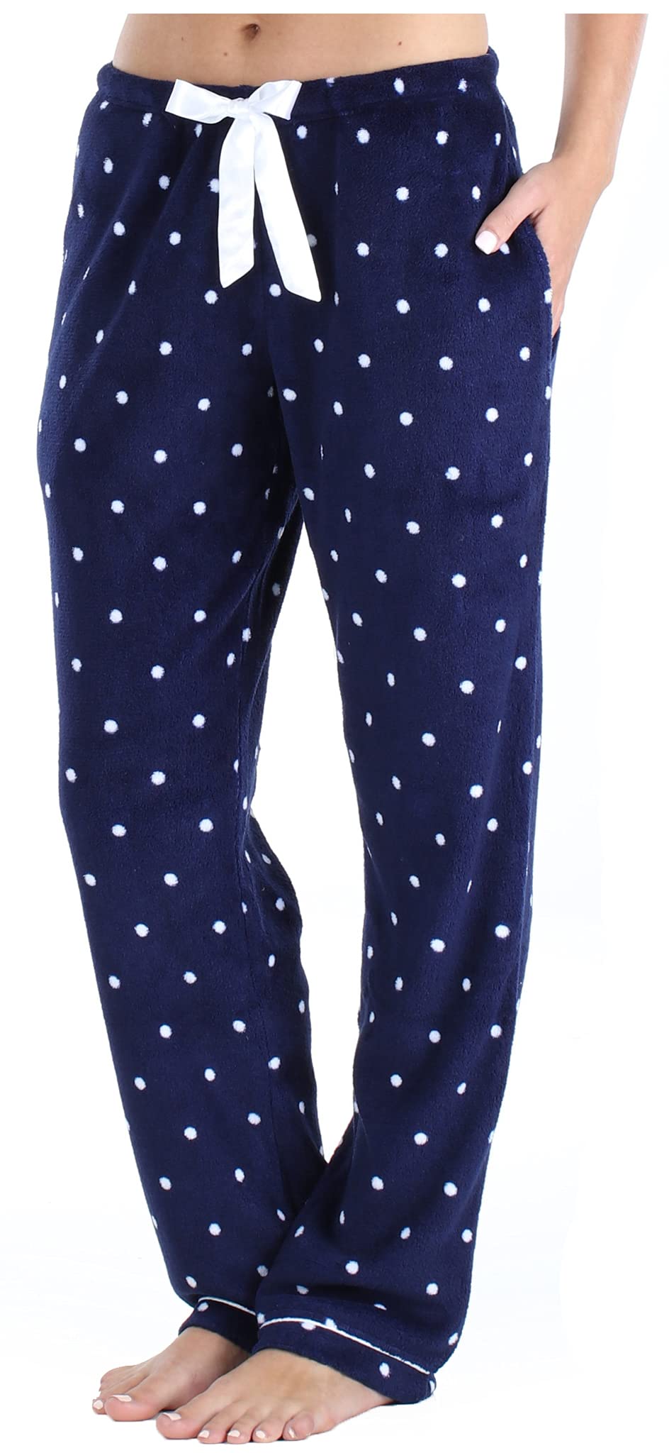 PajamaMania Women's Plush Fleece Pajama Pants with Pockets - Medium - Navy and White Polka Dot