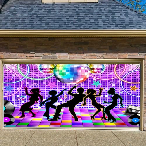 Disco Garage Door Cover Background Retro Dance Party 70s 80s 90s Theme Vintage Stage Dance Backdrop, Disco Party Decoration Disco Music Ball Party Banner Cover 13X6FT