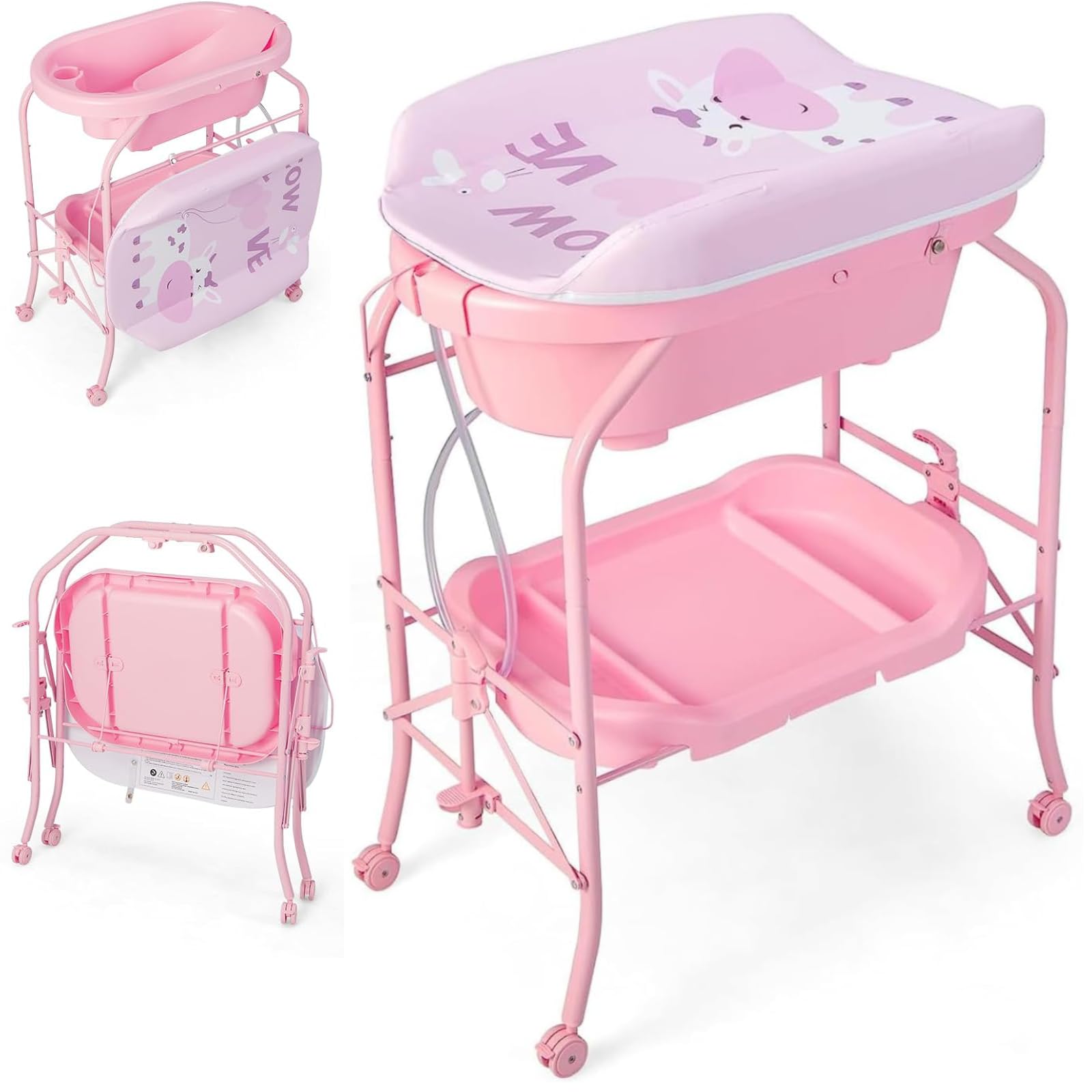 4-in-1 Baby Changing Table, Portable Infant Diaper Care Station with PVC Pad, Bath Tub, Storage Tray and Lockable Wheels, Folding Newborn Dresser Nappy Changer (Pink)