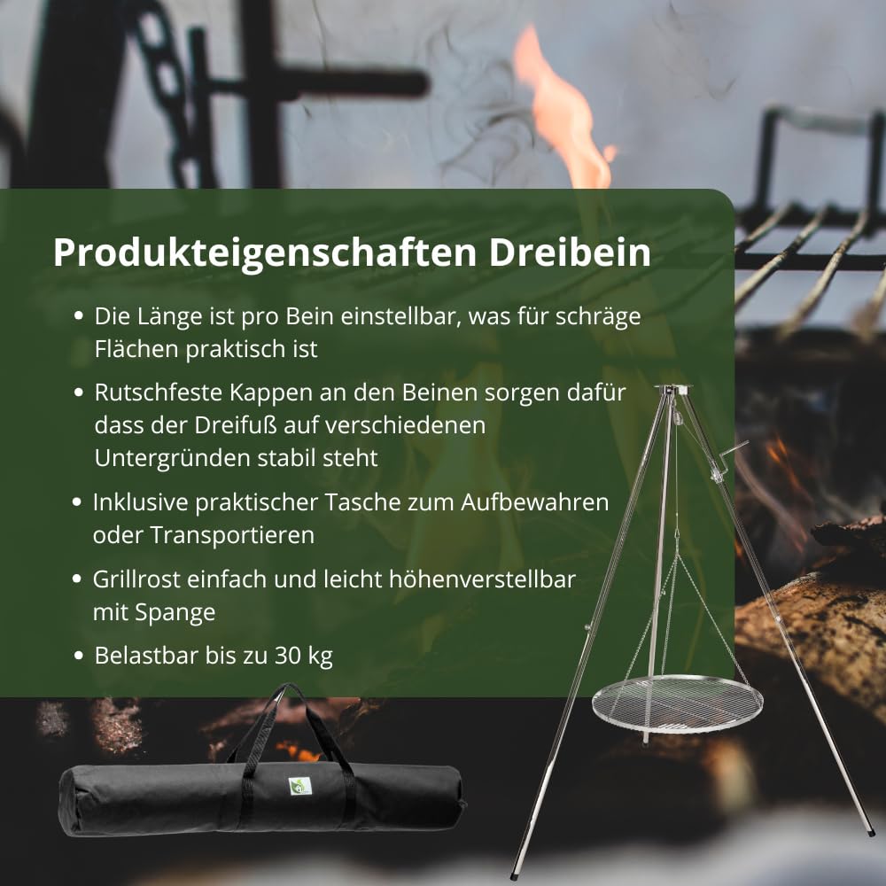 HeRo24 Trípode de acero inoxidable giratorio para barbacoa, altura regulable, con manivela, incluye cadena, gancho, eslabón giratorio y bolsa de transporte, estructura estable para barbacoa, para