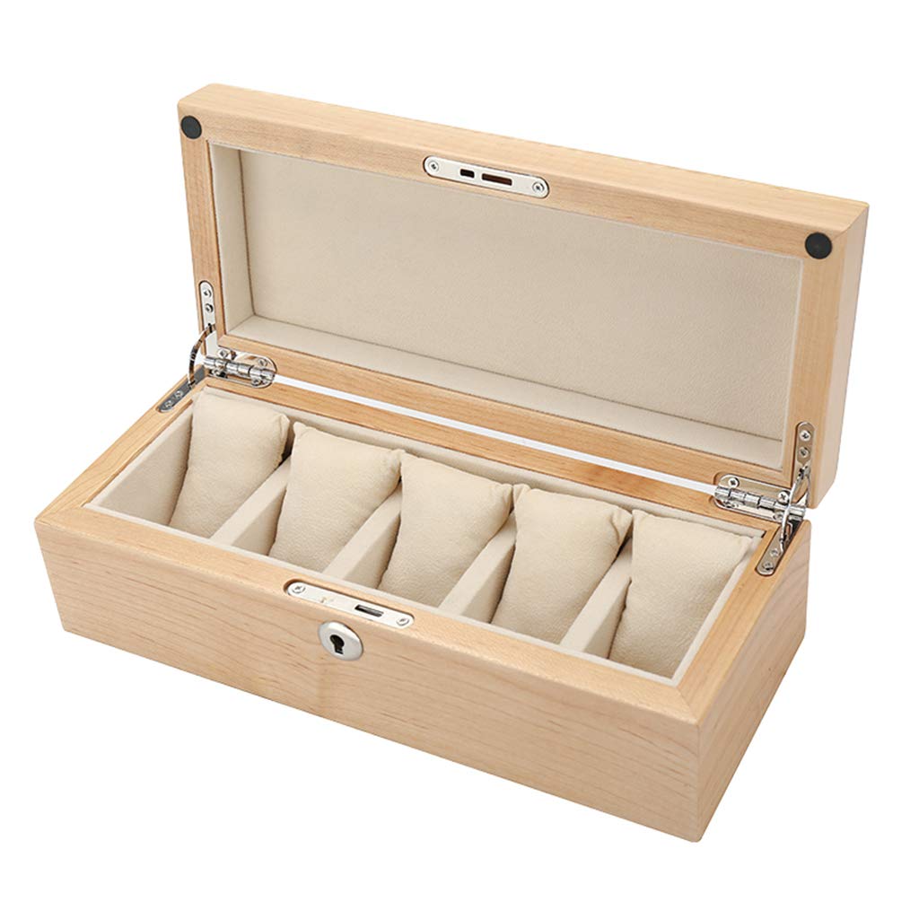 Tapa de vidrio, 5 cajas para relojes, caja de madera para exhibición de joyas, caja de almacenamiento, bandeja para pulsera, hebilla de Metal con cerradura y 6 cojines de almacenamiento extraíbles