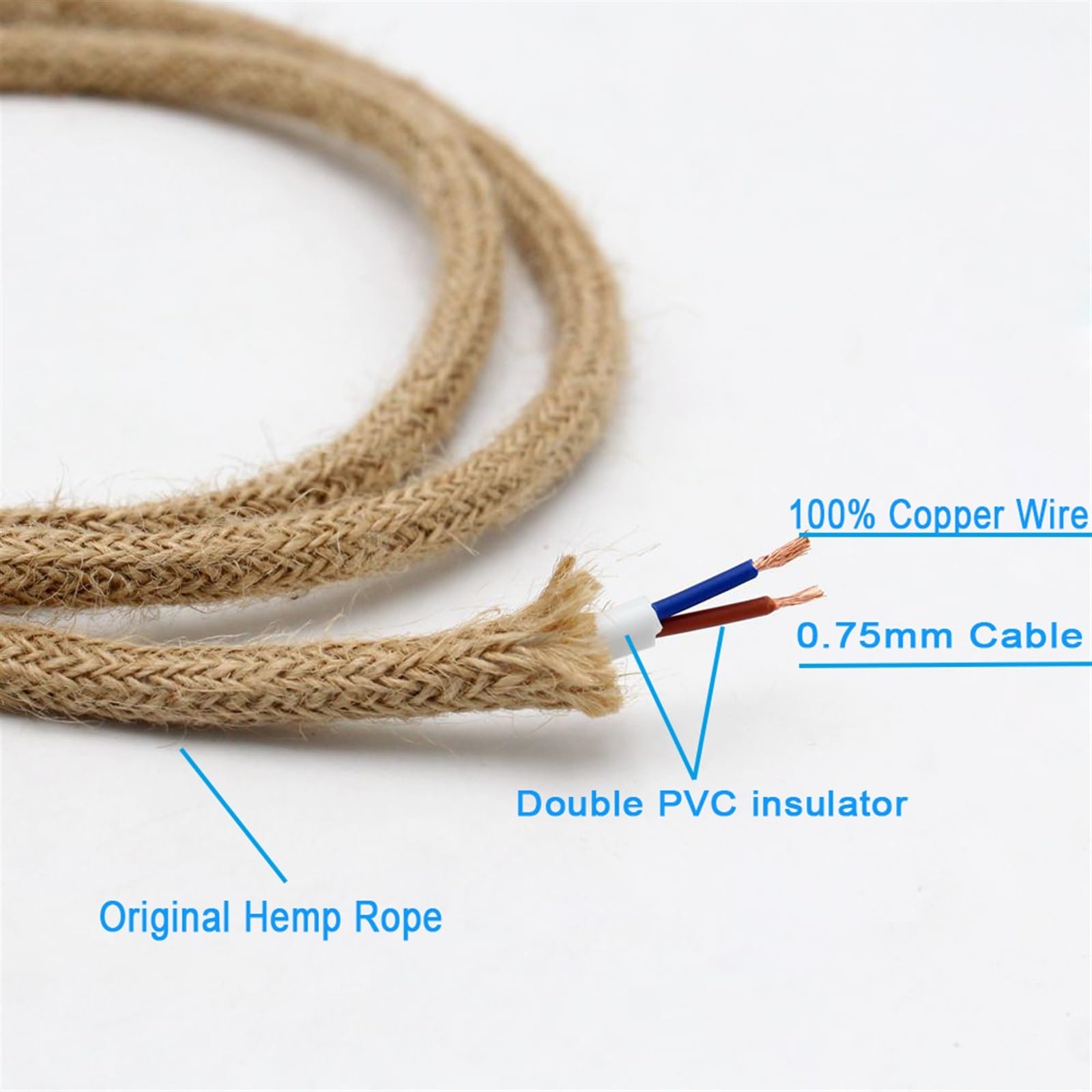 fil textile torsadé, Câble électrique en chanvre et cuivre 2 x 0,75 mm² 300 V beige(10meters)