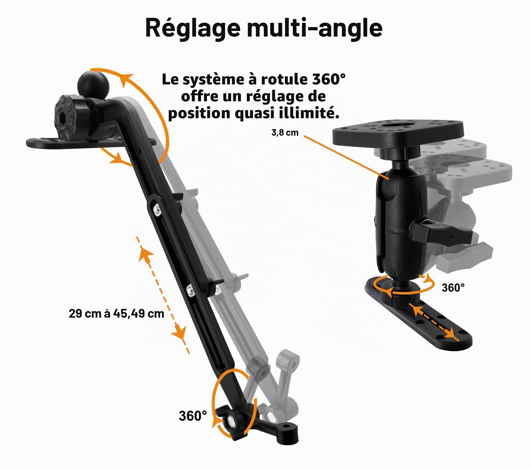 Support de sondeur de poisson avec bras de sondeur et support de montage réglable compatible avec Garmin, Lowrance, Humminbird
