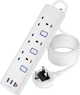 Extension Lead with USB Slots,3 Way Surge Protected Extension Lead,Plug Extension Socket and 1.8M Extension Cable for Home Office Travel,White