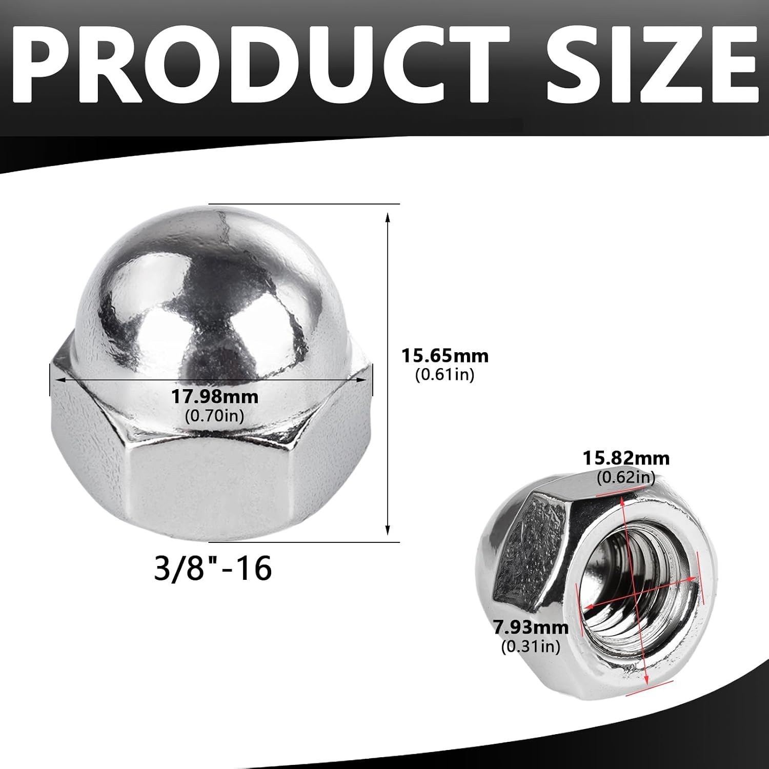 3/8-16 Hex Head Acorn Cap Nuts 304 Stainless Steel Hexagon Head Acorn Dome Cap Nuts 25pcs HS/LM-02