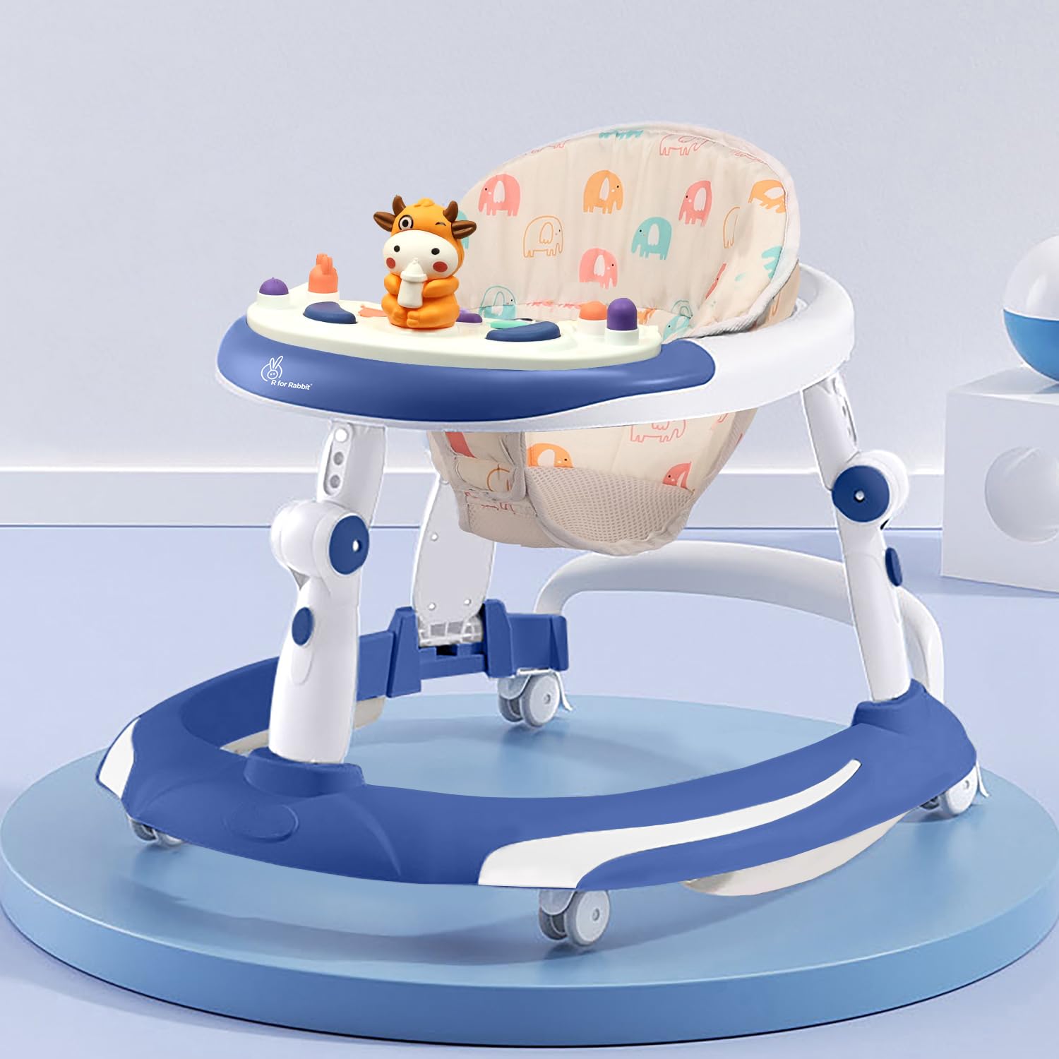 Little Feet Plus Baby Walker with Rocker 3 Level Height Adjustment and 4 Level Seat Adjustment for Baby Age 6-18 Months Up to 15 KG Weight with Recreational Toy Bar (Blue White)