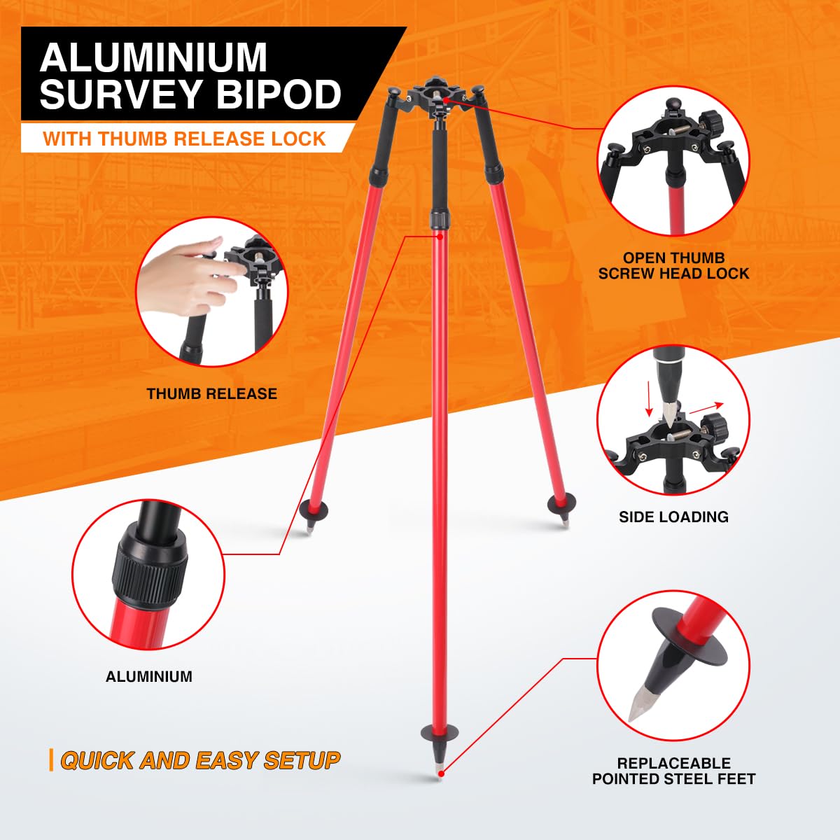 Trípode de liberación de pulgar, trípode profesional de aluminio para postes de prisma y encuesta, compatible con estaciones totales y equipos de encuesta, color rojo