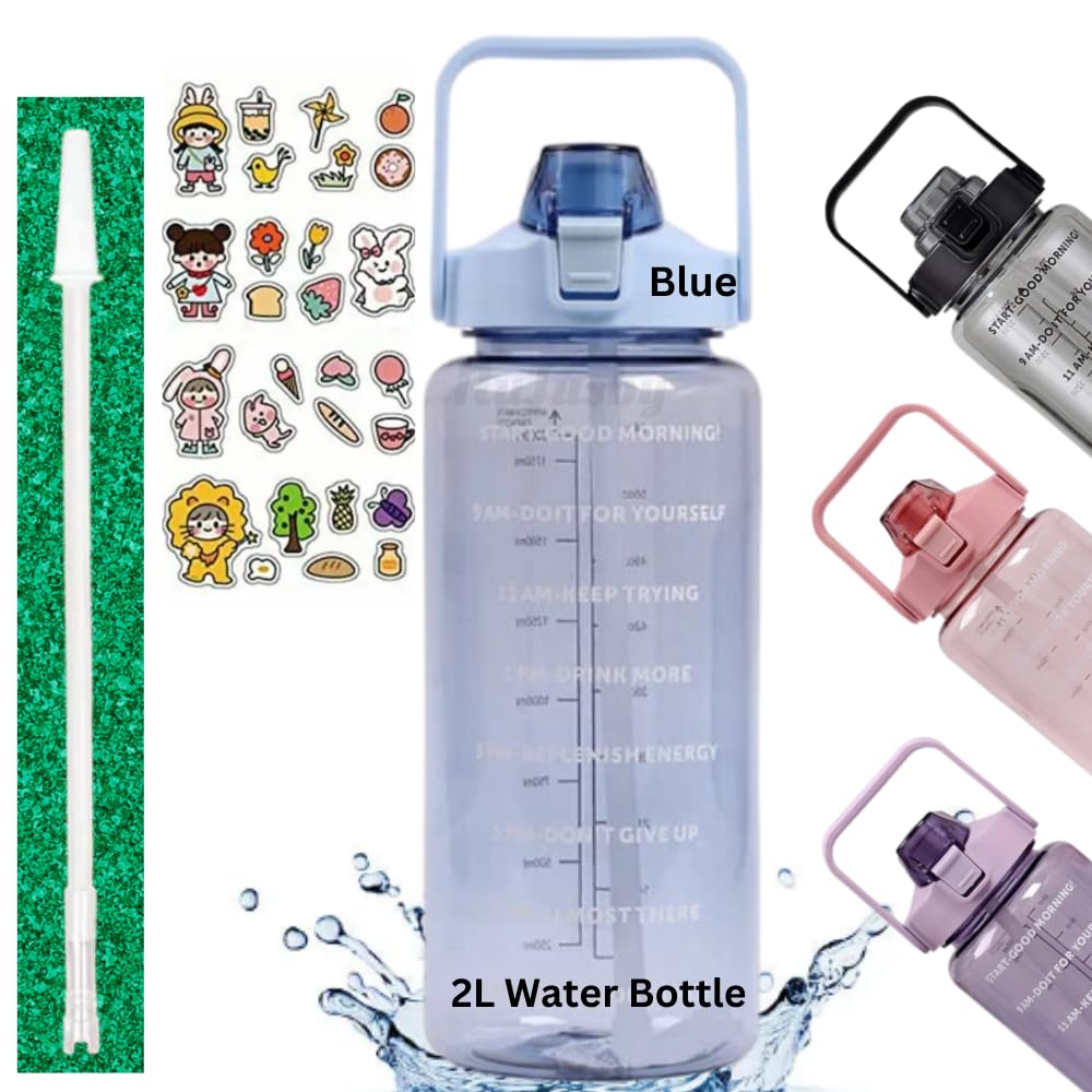 NuJusby 2L Transparent Water Bottle with Motivational Time Markers/BPA-Free Plastic/Leak-Proof Straw & Handle – Ideal for Office/School/Gym/Travel/Sport/Fitness & Outdoor Activities (1 Count) (Blue) (B0DDVL3D7W) Amazon Price History, Amazon Price Tracker
