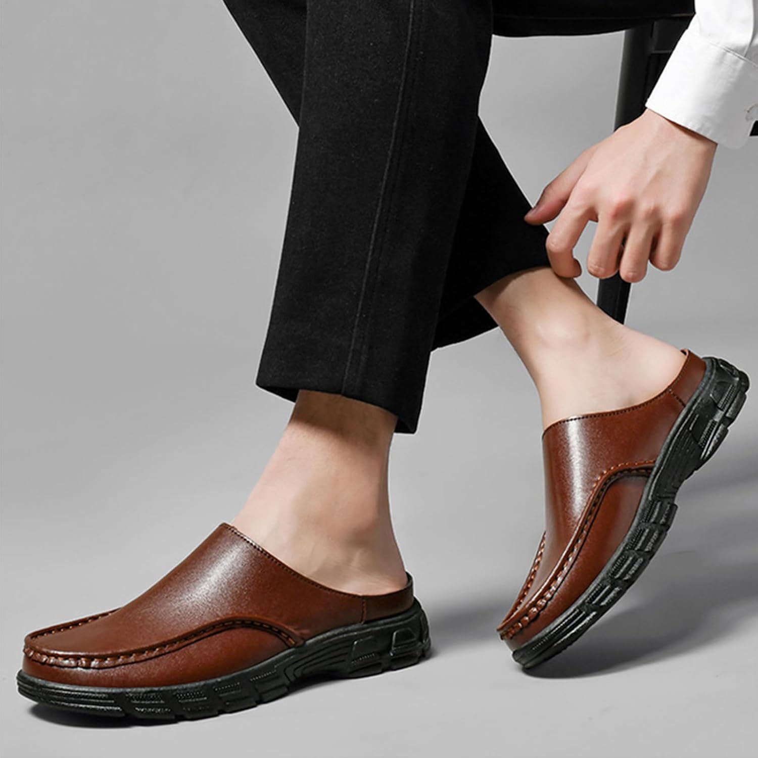 Mens Genuine Leather Soft Bottom Mule Sandals Luxury Wide Round Toe Slip On Formal Wear Dress Loafers Casual Breathable Walking Slippers - Image 7