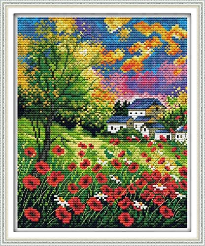 Maydear Full Range of Embroidery Starter Kits Stamped Cross Stitch Kits Beginners for DIY Embroidery 11CT 3 Strands - Beautiful Flowers 13×15(inch)