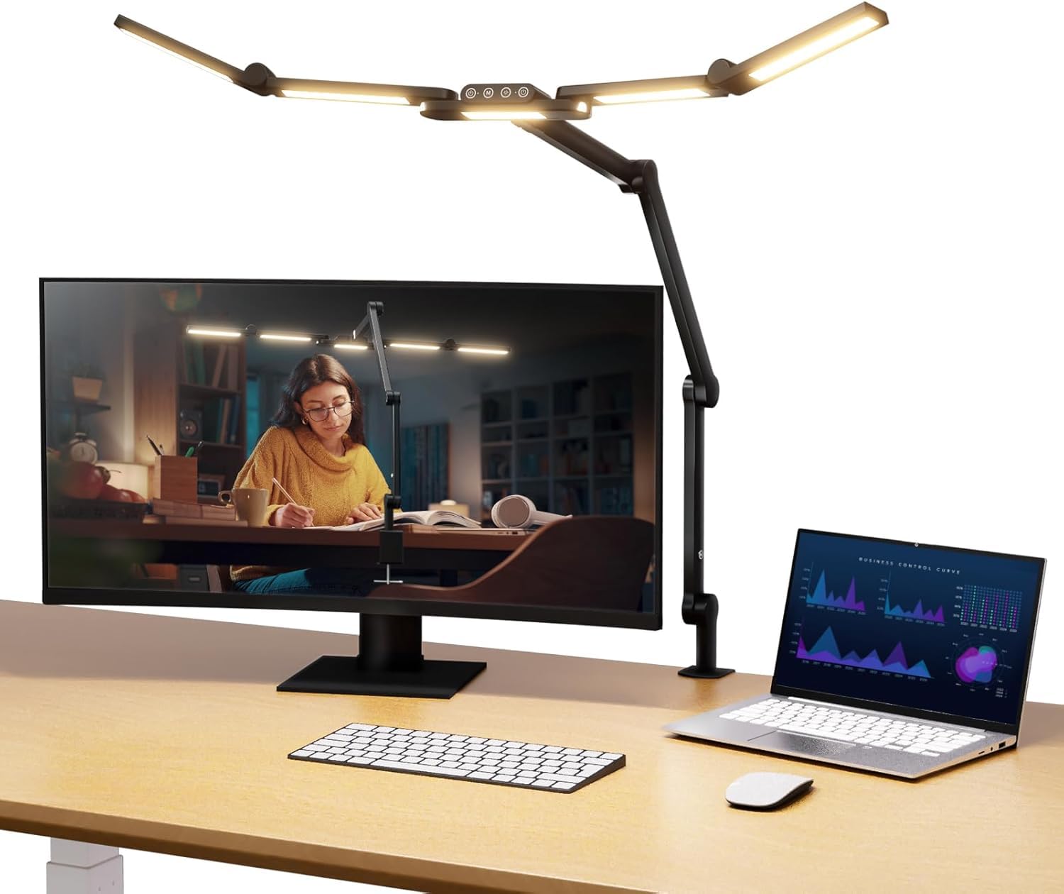NEEWRE BASICS lampa stołowa LED, 32,5", z klipsem, do domowego biura, 23 W, ściemniana lampa LED z zaciskiem stołowym, 5 listew świetlnych, do rysowania komputerowego i wideokonferencji, DL01