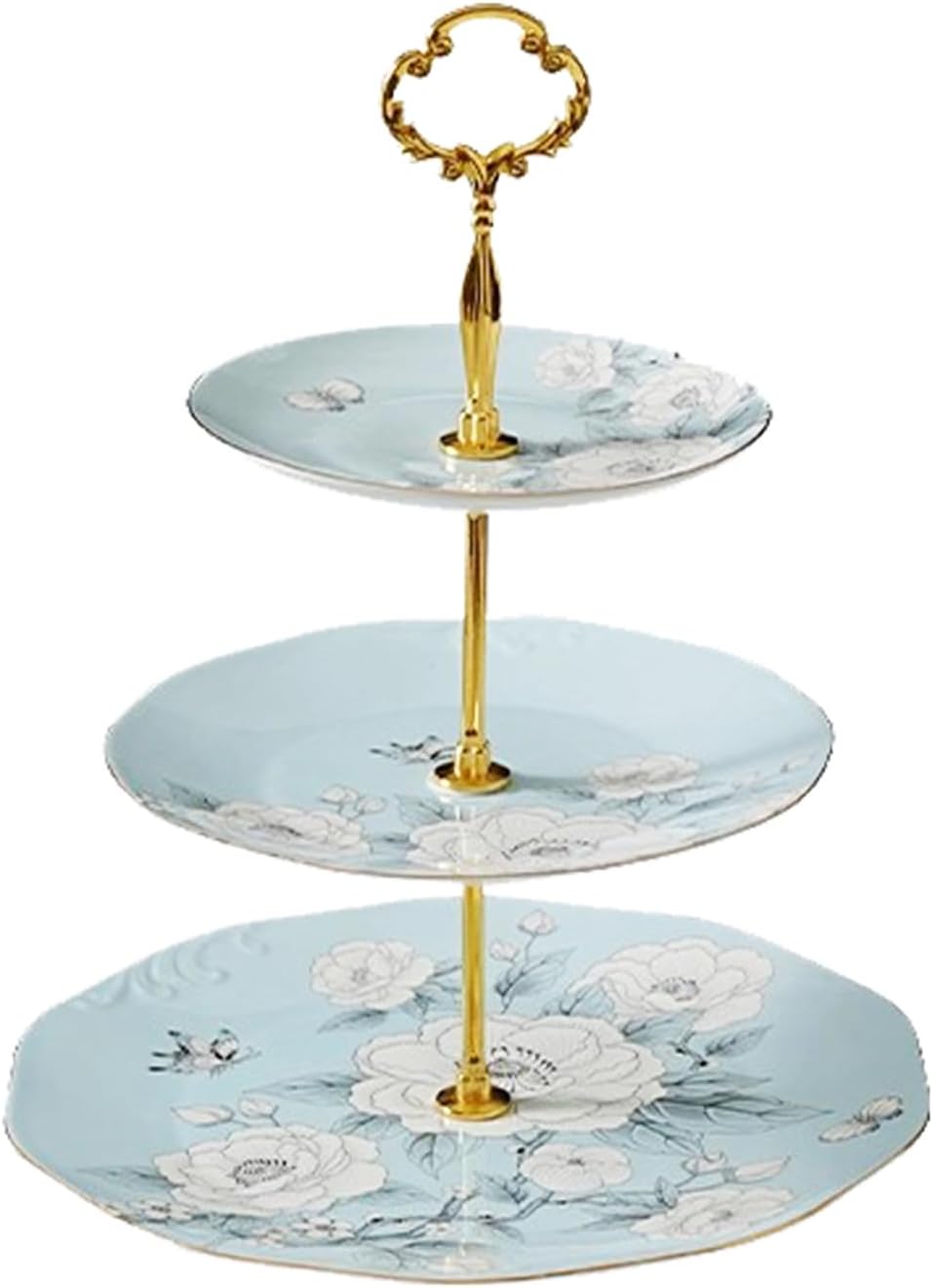 3 Tier Serving Tray, Bone China Cupcake Stand, Floral Afternoon Tea Stand, Porcelain Tiered Dessert Stand with Gold Rod and Gold Trim, Elegant Cupcake Tower Stand for Tea Party Birthday Party