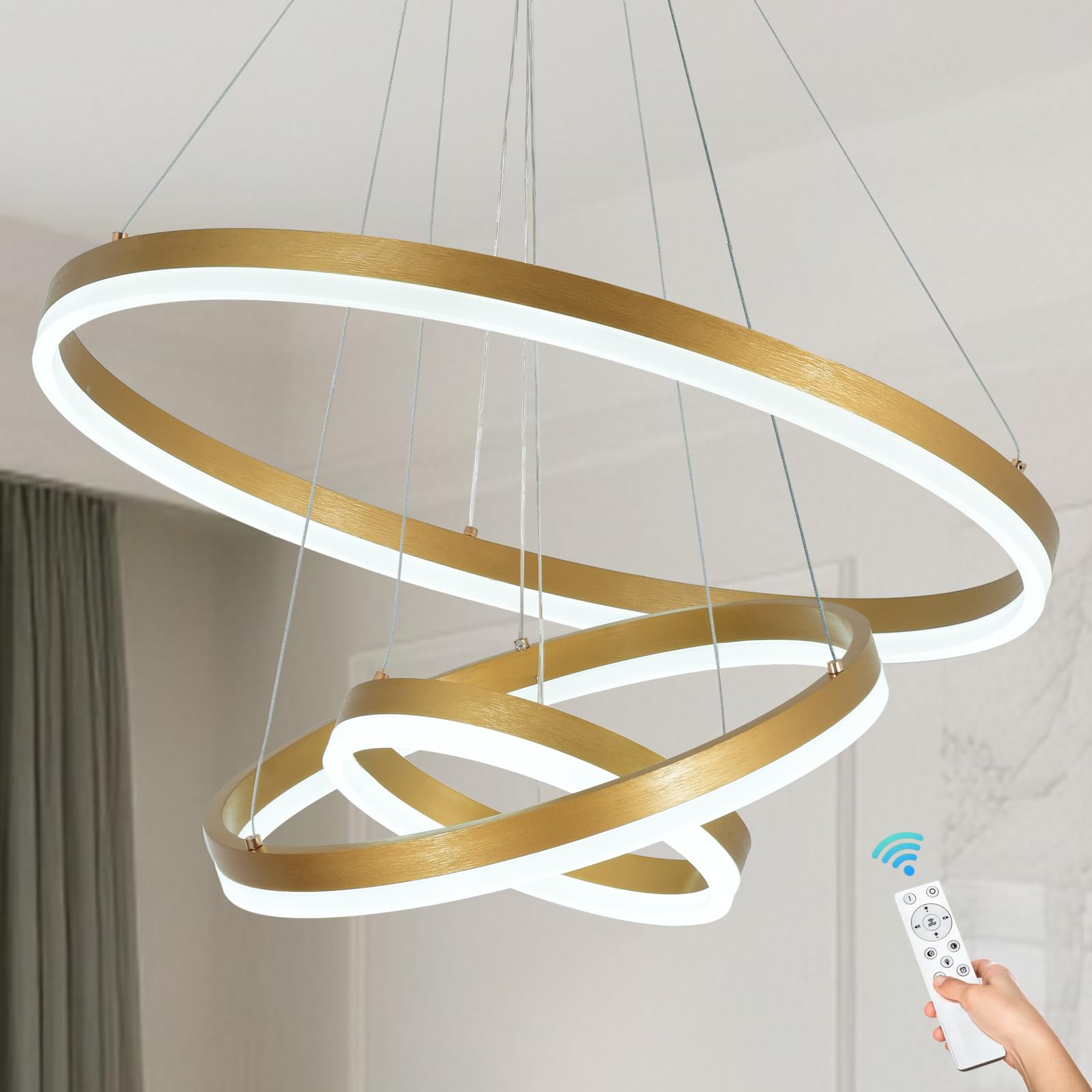 3 rings modern led chandelier gold high ceiling ring chandeliers with remote control circular pendant light dimmable for dining room living room bedroom foyer entryway 3000k-6500k