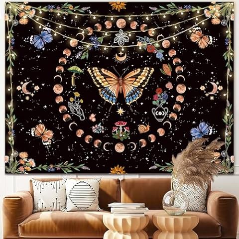LANG XUAN Butterfly Moon Phase Flower Tapestry Botanical Floral Plant Boho Mushroom Tapestry for Bedroom Aesthetic Vintage Tapestries Wall Hanging for Living Room Dorm (Green, 70.87" x 90.55") Cover