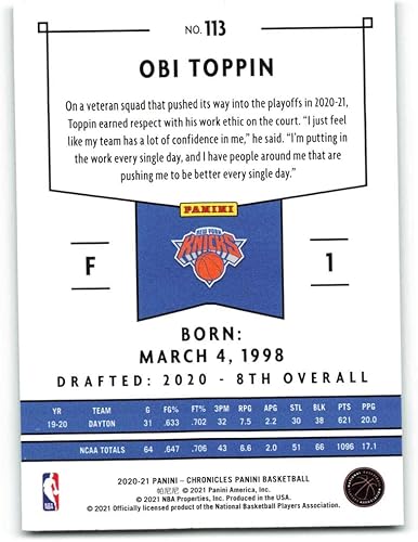 Miniatura 2 de 2020-21 PANINI CHRONICLES #113 OBI TOPPIN NEW YORK KNICKS BASKETBALL OFFICIAL TRADING CARD OF THE NBA