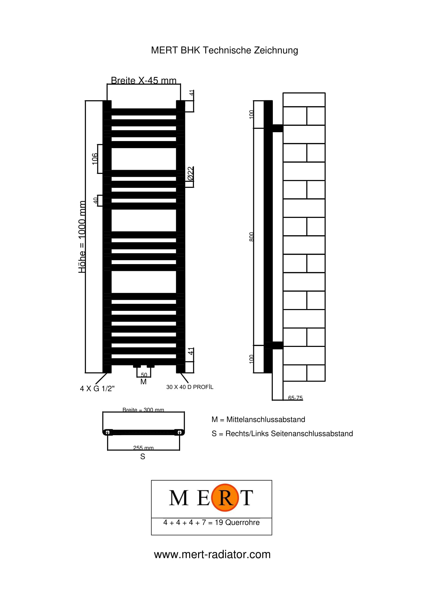 Mert Ogrzewanie elektryczne lub ciepłej wody 1/2 cala, grzejnik łazienkowy, 1000 x 300, przyłącze środkowe, 50 mm, biały, wieszak na ręczniki, do montażu na ścianie