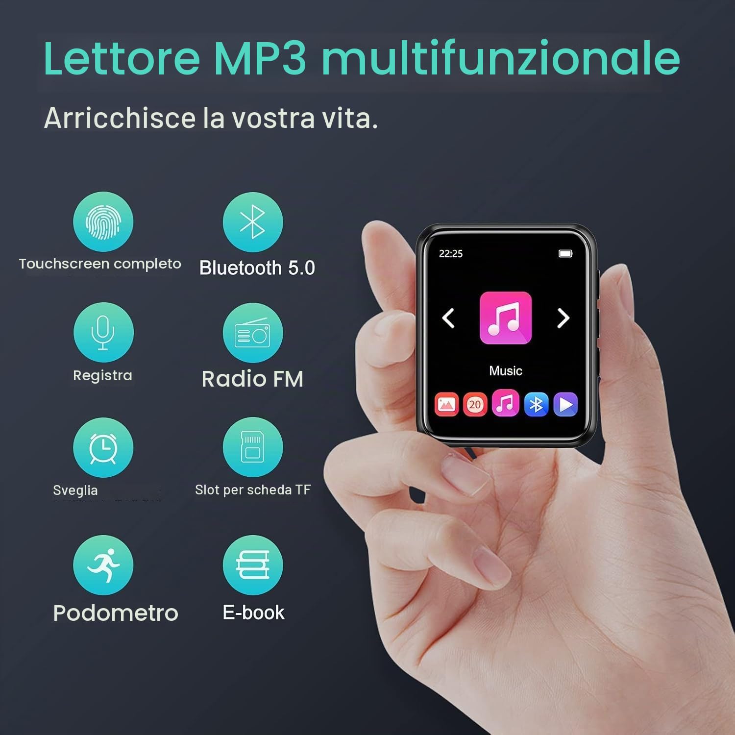 64GB Lettore MP3 con Bluetooth 5.0, Portatile Hi-Fi Sound Lettore di musica con Altoparlante, Line-in Registratore Vocale, Radio FM, e-book, Full Touch Schermo, Supporto fino a 128 GB di schede