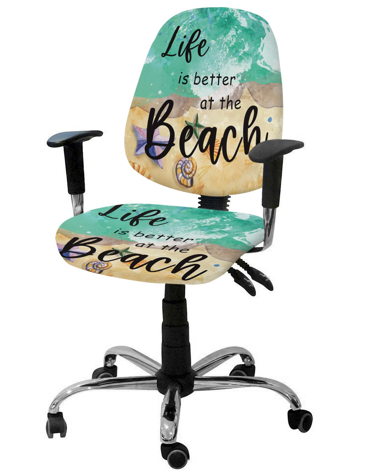 Life is Better at The Beach Office Chair Cover Stretchable Computer Chair Seat Cover Backrest Slipcovers, Summer Teal Ocean Starfish Stretchable Rotating Desk Chair Seat Cushion Split Protectors
