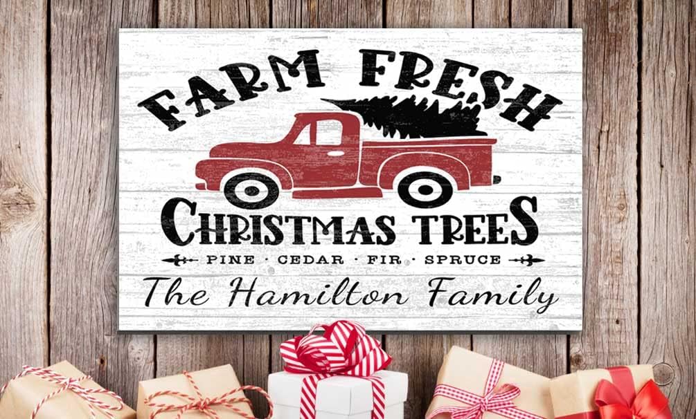 Broad Bay Red Truck Christmas Sign Fresh Christmas Trees Custom Wooden Holiday Vintage Style Wall Decor Farmhouse Decoration 16.5in x 10.5in x .75