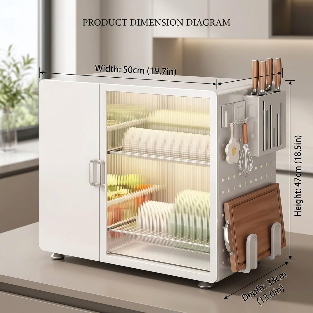 Escurridor de Platos con Puertas Dobles, Organizador de Cocina de Metal | Estructura de hierro, Diseño a prueba de polvo, Panel perforado lateral, Gran capacidad(Wit)