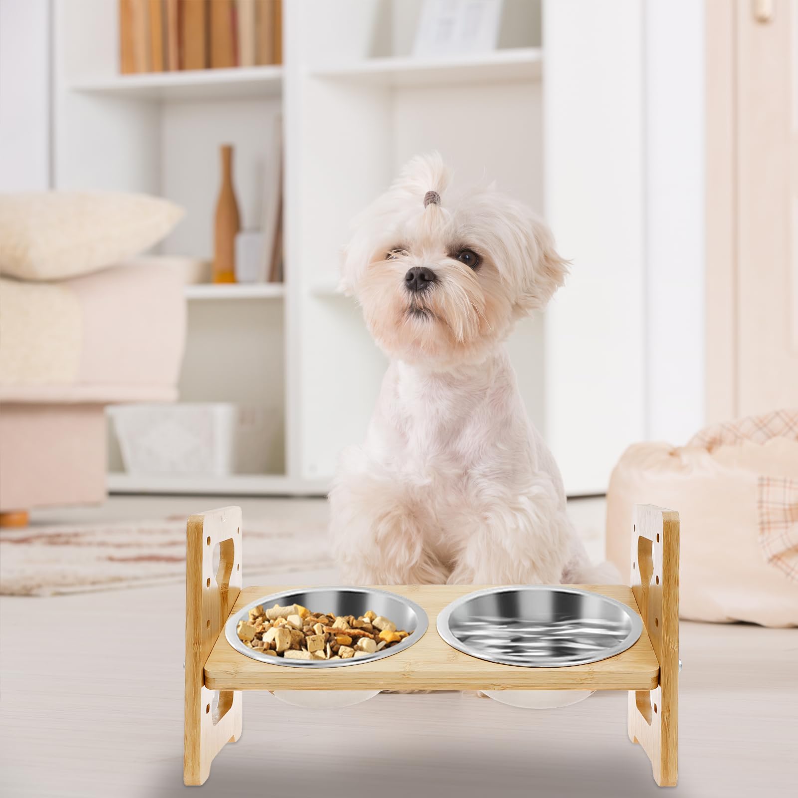 Comedero Elevado para Perros y Gatos con Soporte Ajustable, Antideslizante, 2 Cuencos de Acero Inoxidable, 5 Alturas (A)
