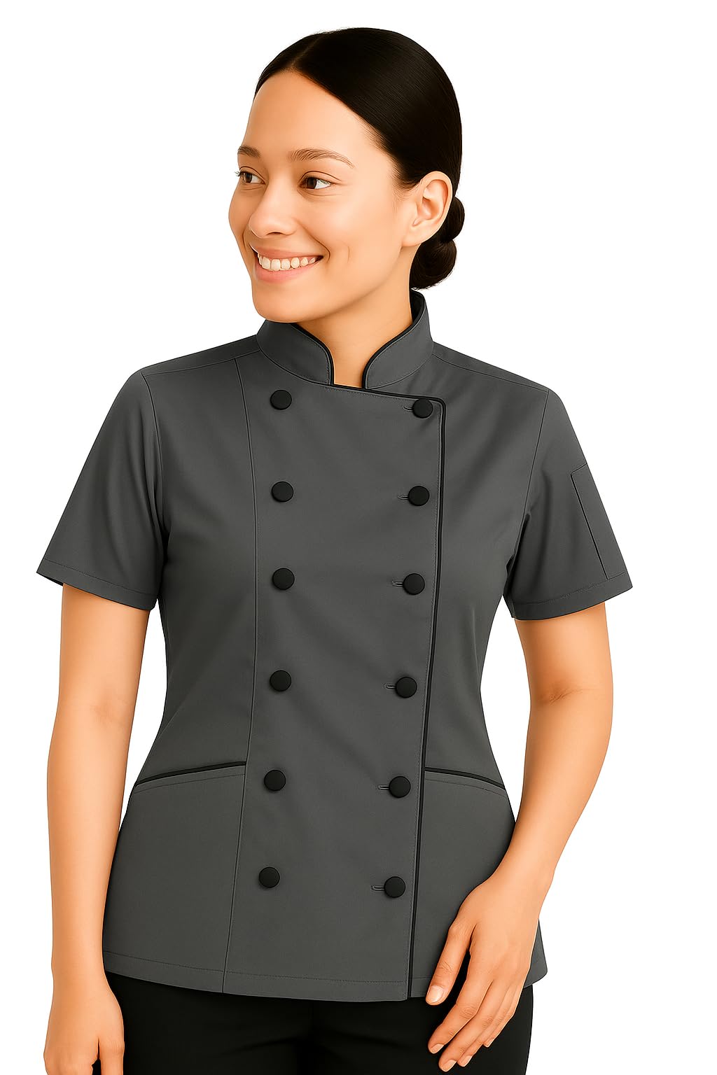 Short Sleeves Tailored Fit Chef Coat Jacket Uniform for Women for Food Service, Caterers, Bakers and Culinary Professional, Grey, XL