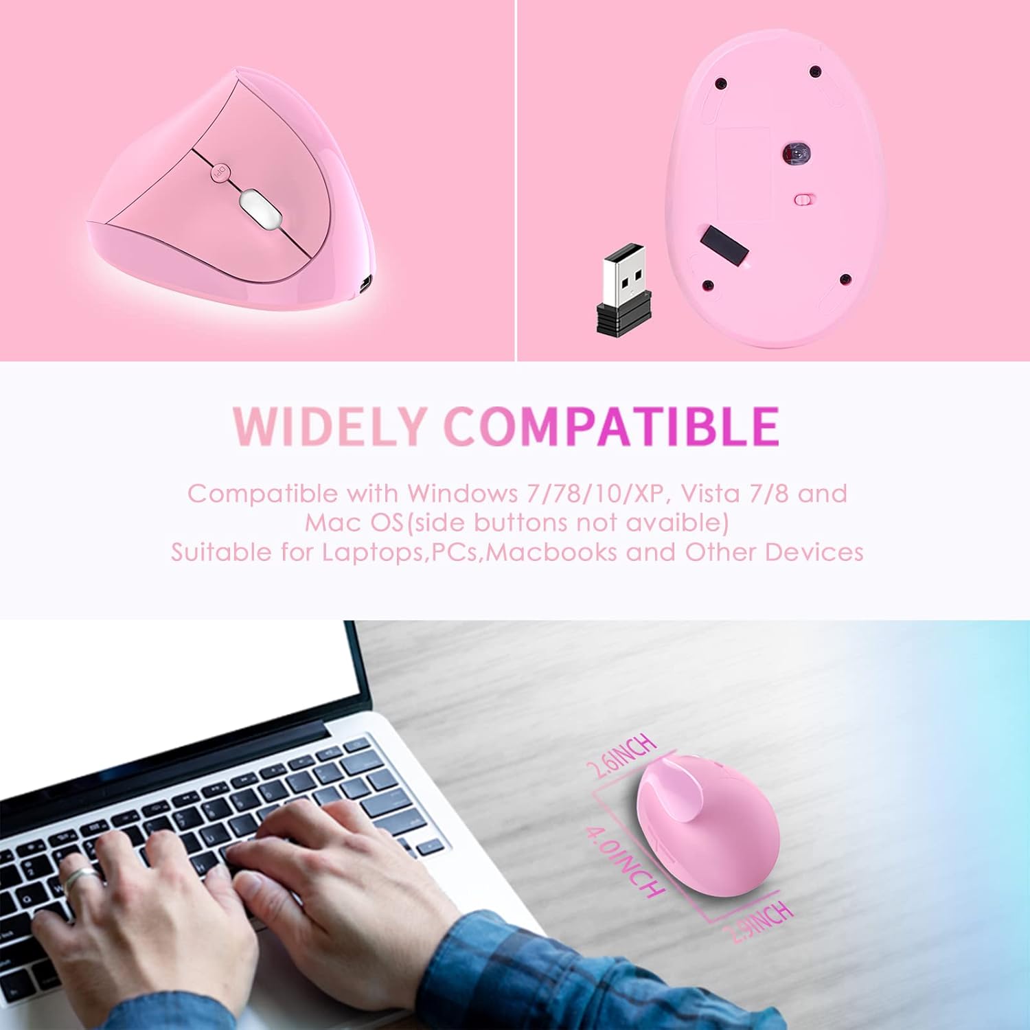 Attoe Ergonomic Vertical Wireless Mouse showing its dimensions and compatibility with various operating systems.