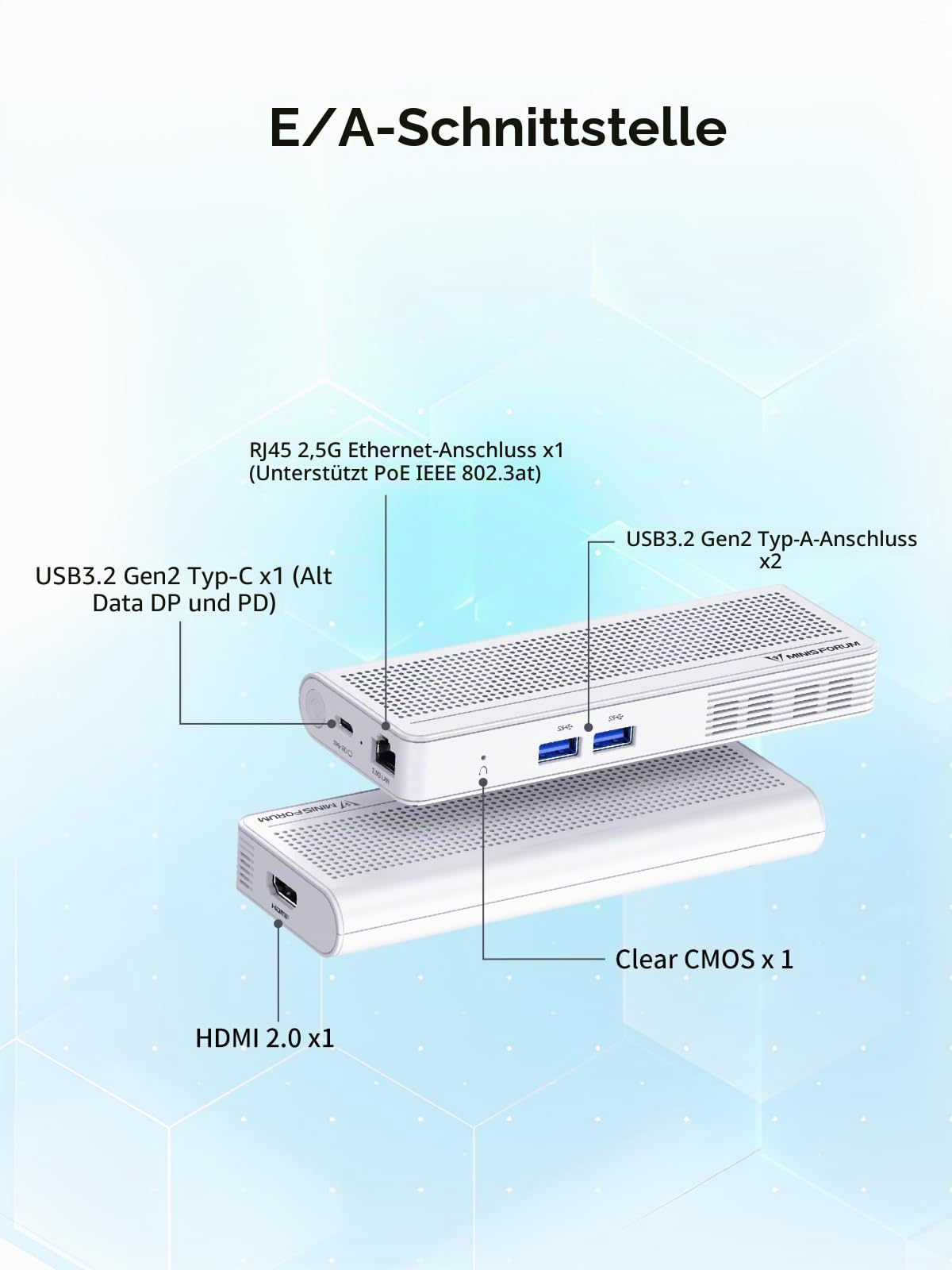 MINIS FORUM S100 Mini PC Stick, Intel Alder Lake-N100, 8 GB LPDDR5 RAM, UFS2.1 256 GB, Dual 4K Display, 2,5 G Ethernet, 2 x USB A, 1 x USB-C, professioneller PC für Digital Beschilderung
