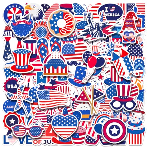 100pcs 4th of July Theme Waterproof Vinyl Stickers - Patriotic Independence Day & Party Favors Decorations for Laptop Water Bottle Skateboard