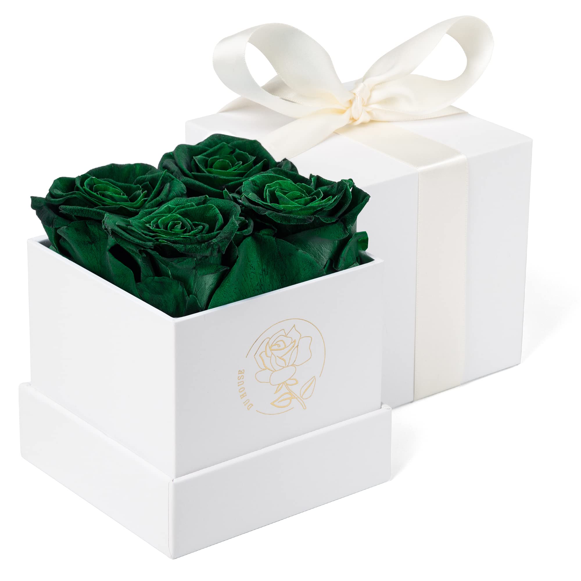 Roses éternelles vertes DuHouse : coffret cadeau de 4 fleurs préservées haut de gamme