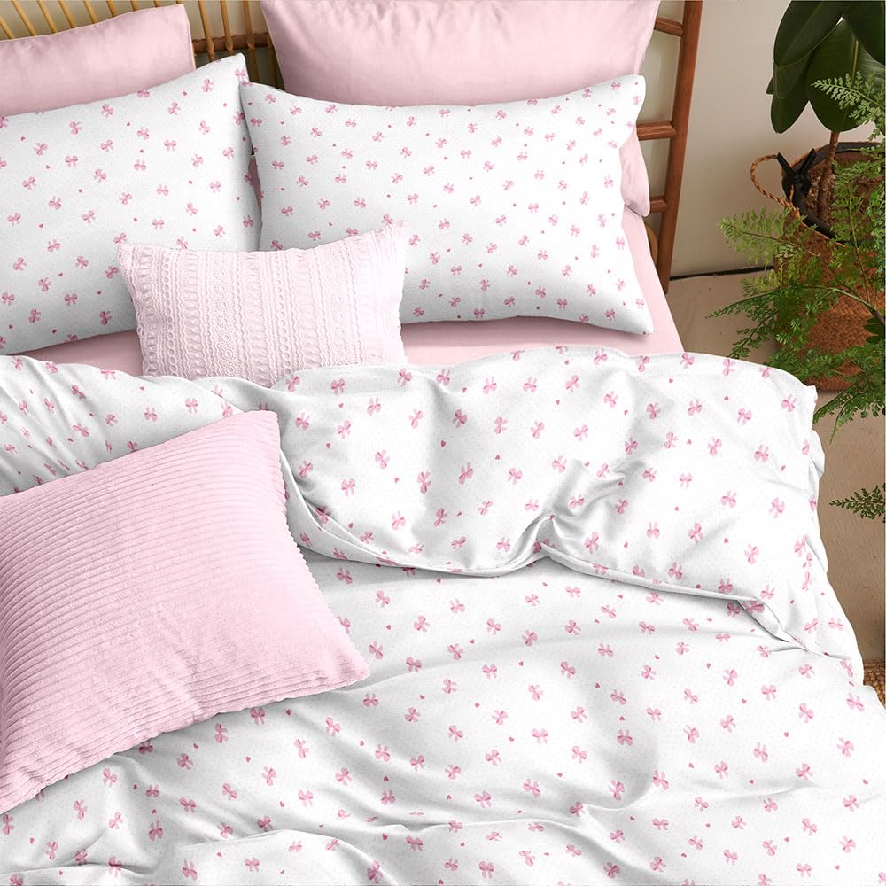 Covebett Pink Bow Duvet Cover Sets Single White and Pink Bows Hearts Cute — image 1