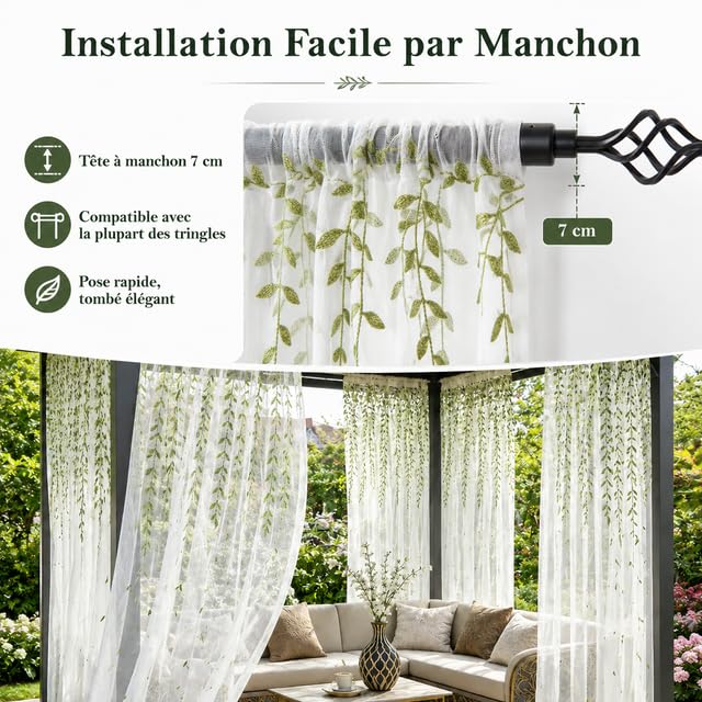 Lot de 2 Rideaux Extérieurs Brodés en Mousseline, Voilage Anti-Moustiques Haute Densité, Finition Manchon, Design Feuillage Élégant pour Patio, Pergola, Gazebo, Terrasse(140LX175H cm)