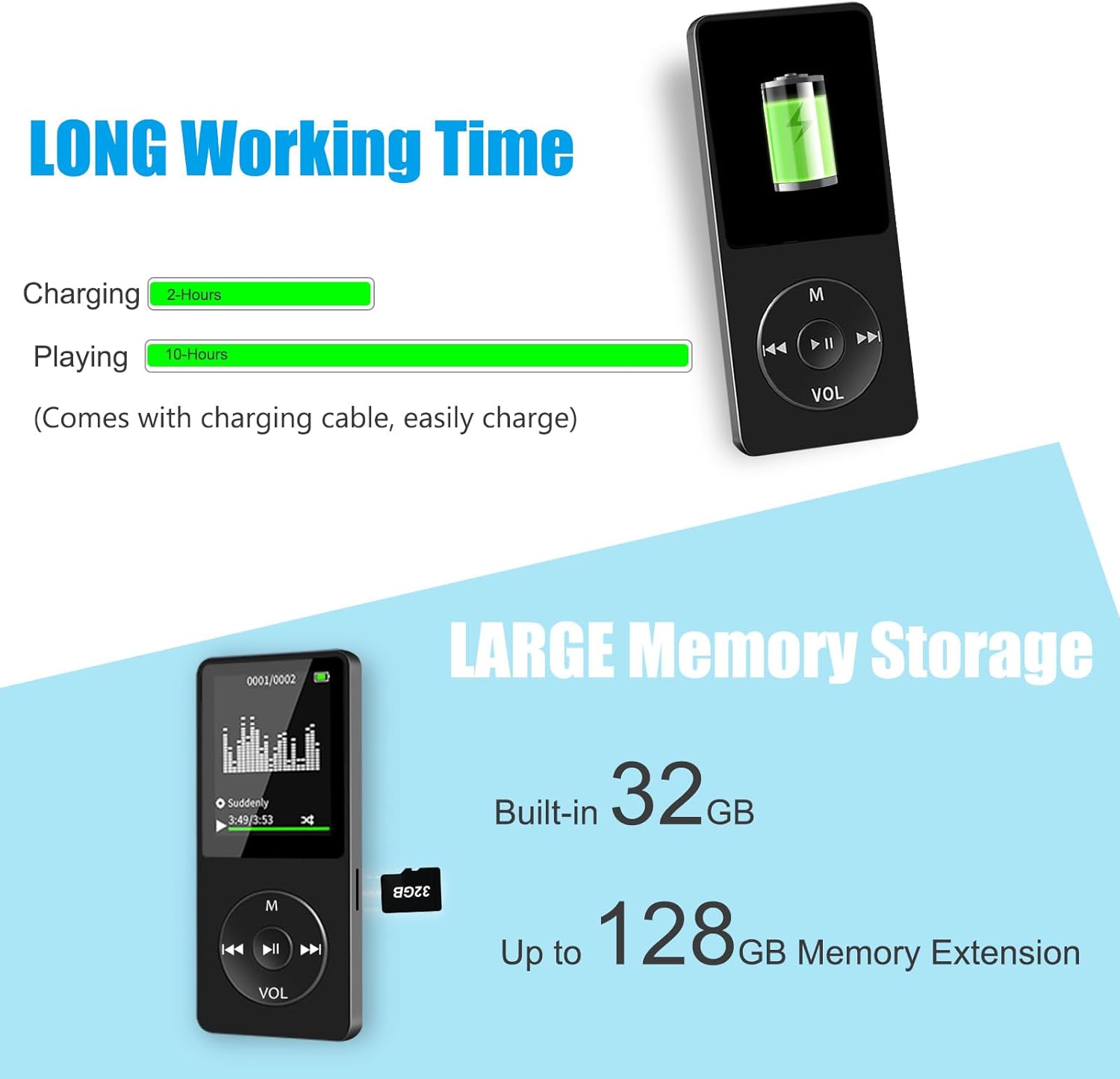 MP3 Player with Bluetooth, Portable 32GB MP3 Music Players with Speaker, Supports Alarm Clock, FM Radio, Recording Function, Up to 128GB Memory Storage, Earphones Included - Image 6