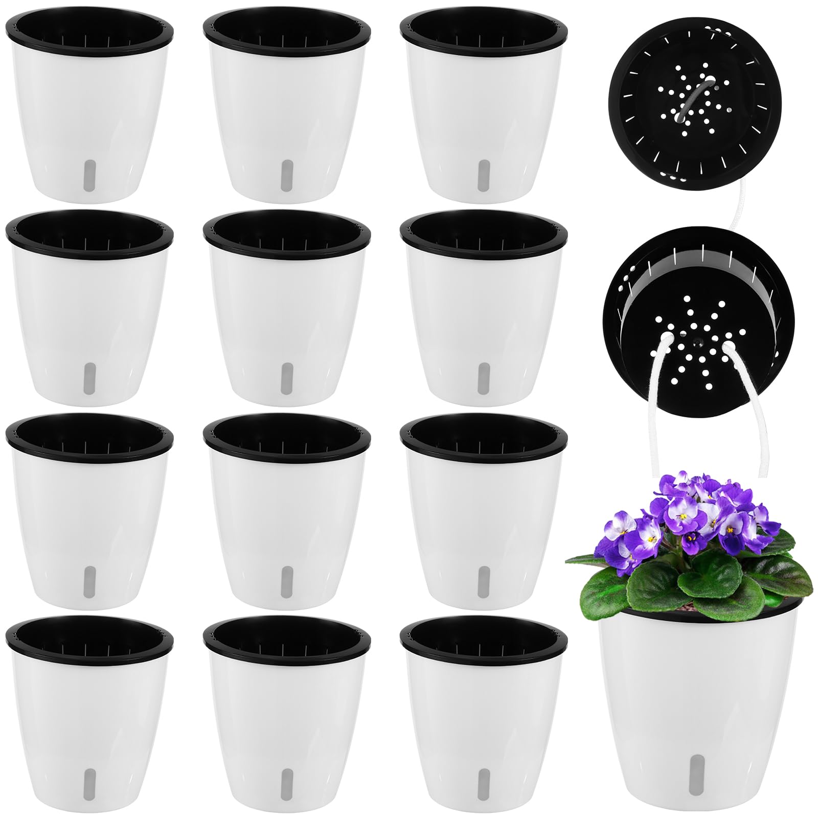 Planterhoma Glossy White 5 Inch Self Watering Pots For Indoor Plants, 12 Packs African Violet Pots With Indicator, Black Wick Pot With Drainage Holes, Self Watering Planters For Orchid, Devil's Ivy, White