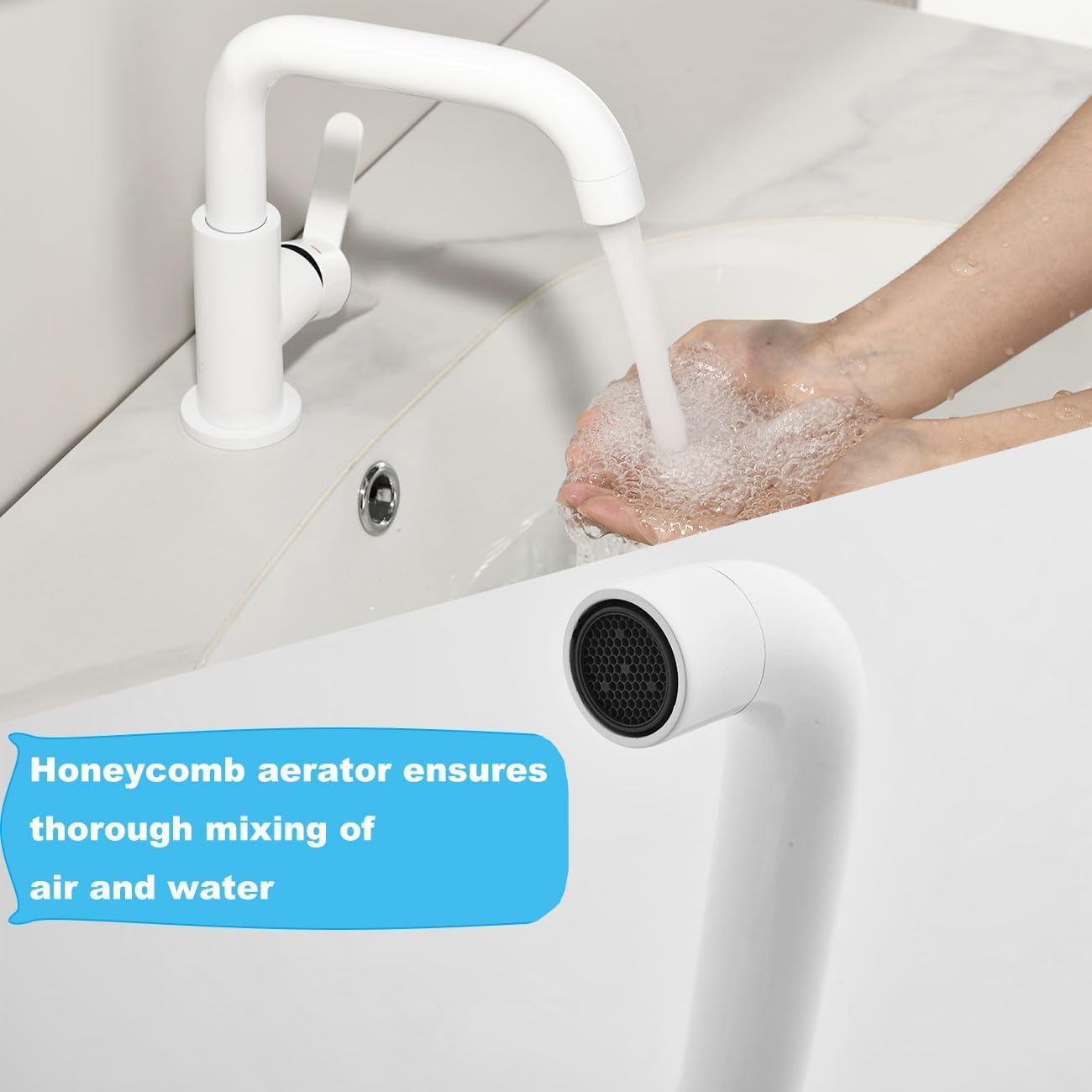 ONECE Rubinetto Bagno Lavabo Bianco, Miscelatore Monocomando Girevole a 360°, Acciaio Inox 304, Aeratore Rimovibile, Rubinetti Acqua Calda e Fredda, Senza Piombo - 4