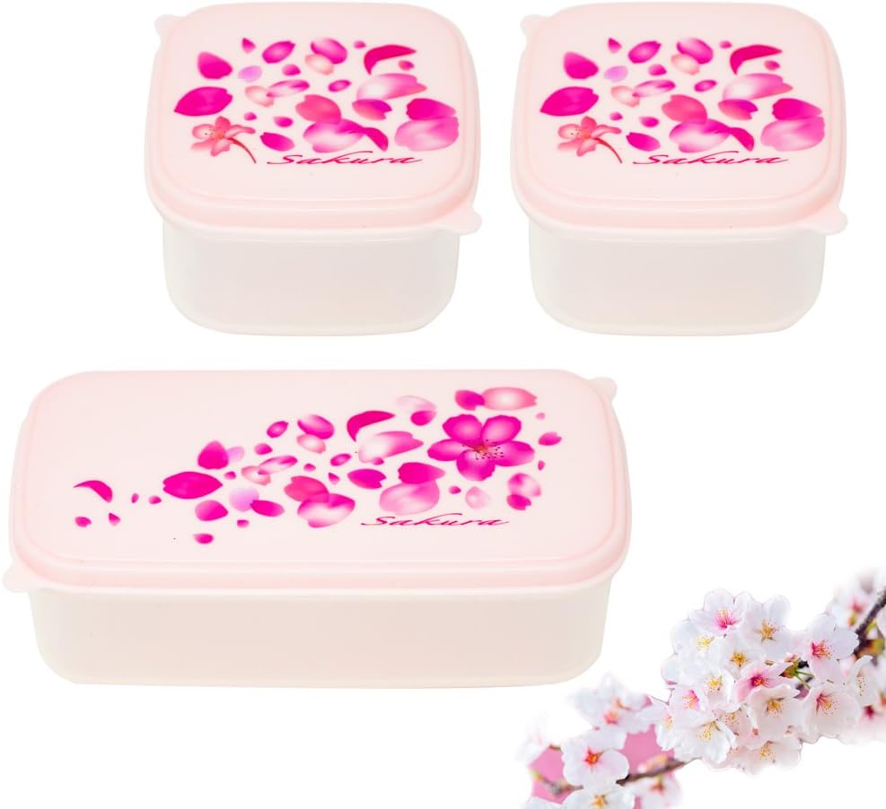 3 Piece Plastic Food Storage Containers with Pink Cherry blossoms Print Lids , Microwave and Dishwasher Safe