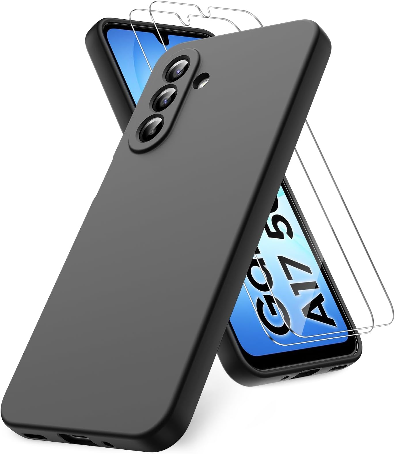for Samsung Galaxy A17 4G/5G Case, Soft TPU Liquid Silicone Phone Case with 2 Screen Protectors, Military-Grade Protection Shockproof Slim Phone Cover-Black