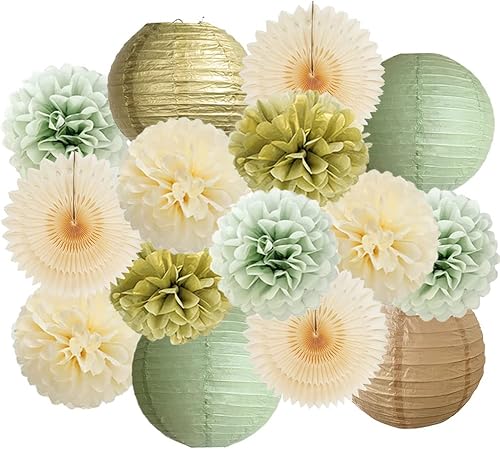 Decoraciones de fiesta color verde salvia y dorado, para baby shower, bohemio, verde salvia, champán, dorado, decoraciones de cumpleaños, abanicos