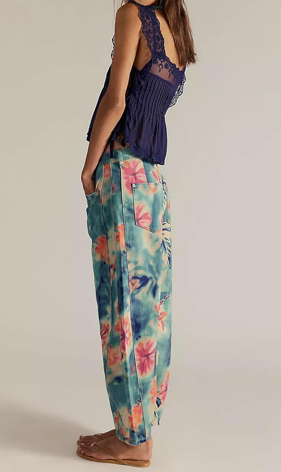 loveimgs Women Boyfriend Baggy Barrel Jeans Floral Print Denim Ankle Pants Wide Leg Mid Rise Jeans Sweatpants Y2k Patchwork - Image 6