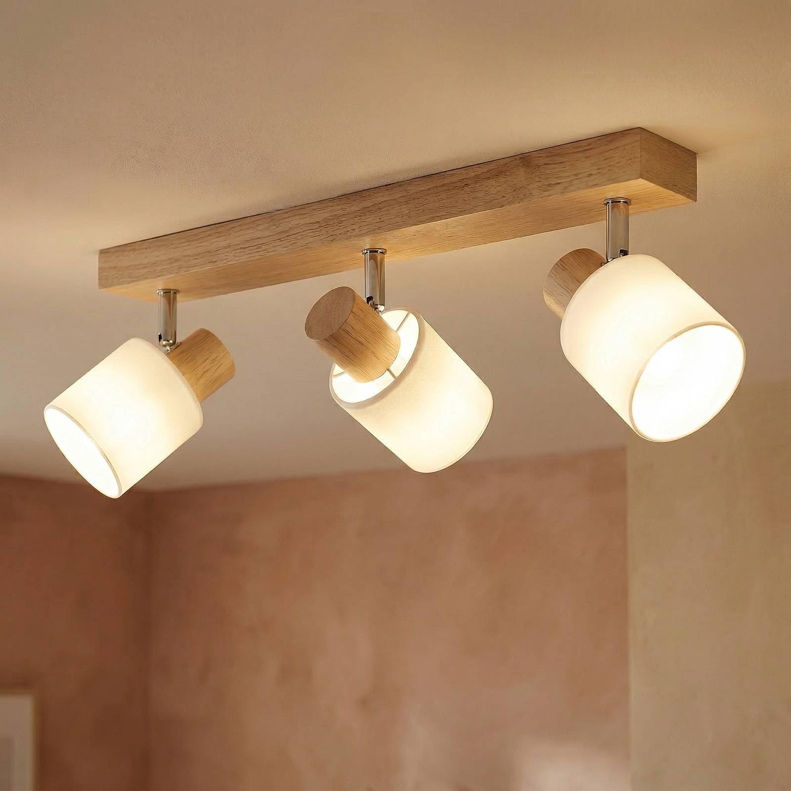 Lindby Faretti LED da Soffitto Orientabili, Lampadario a 3 Lampada Plafoniera per Cucina Soggiorno Camera Letto Luci E14 Legno e Tessuto Bianco Moderno Scandinavo